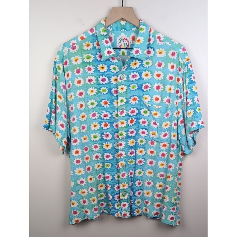 Vintage 90s Jams World Aqua Daisy Print Short-Sleeve Button-Up Hawaiian Shirt, L